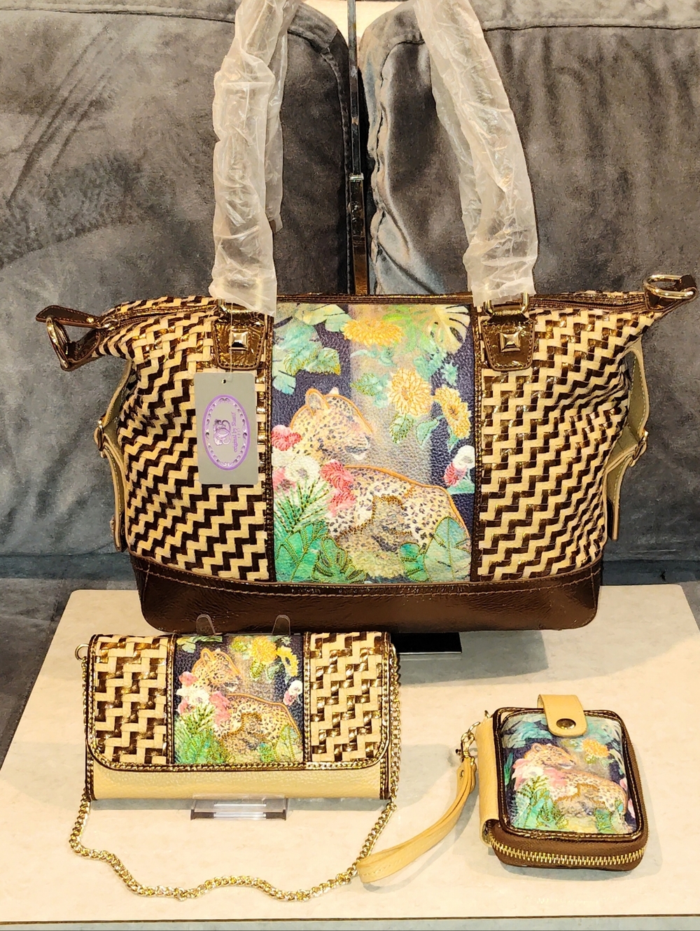 NWT Sharif vintage leopard print satchel tote Set